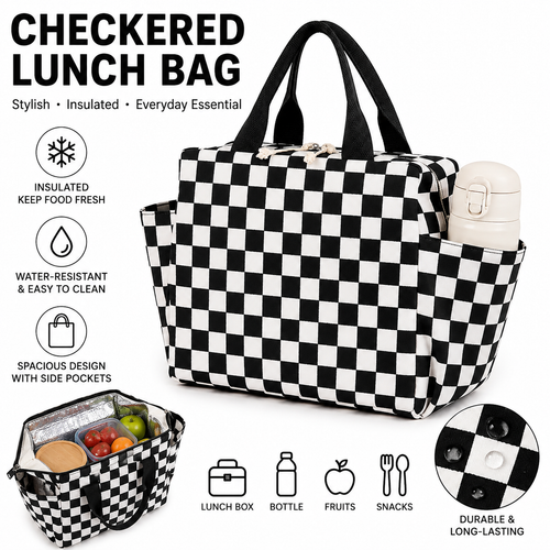 Structured Canvas Checkerboard Tote with External Side Pockets Bowlift