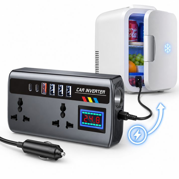 High-Power Vehicle Power Inverter with Multiple USB and USB-C Fast-Charging Ports and AC Outlet Cigarette Lighter Extension Bowlift