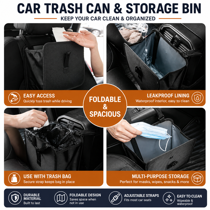 Foldable Hanging Car Trash Can and Storage Organizer with Snap Lid and Adjustable Strap Bowlift