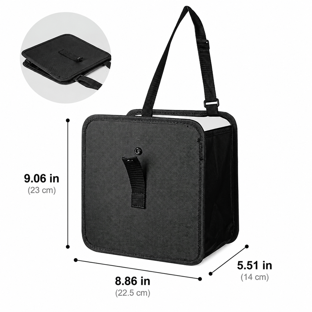 Foldable Hanging Car Trash Can and Storage Organizer with Snap Lid and Adjustable Strap Bowlift