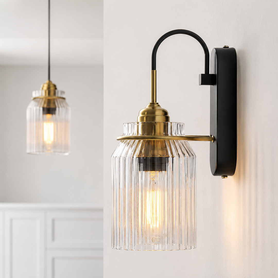 Ribbed Glass Wall Sconce with Curved Arm and Edison Bulb Compatibility Bowlift