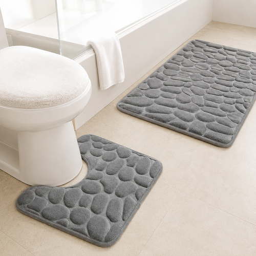 Pebble-Texture Memory Foam Bath Mat Set with U-Shaped Toilet Contour and Rectangular Non-Slip Rug Bowlift