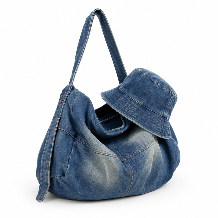 Denim Slouchy Hobo Shoulder Bag with Adjustable Strap Bowlift