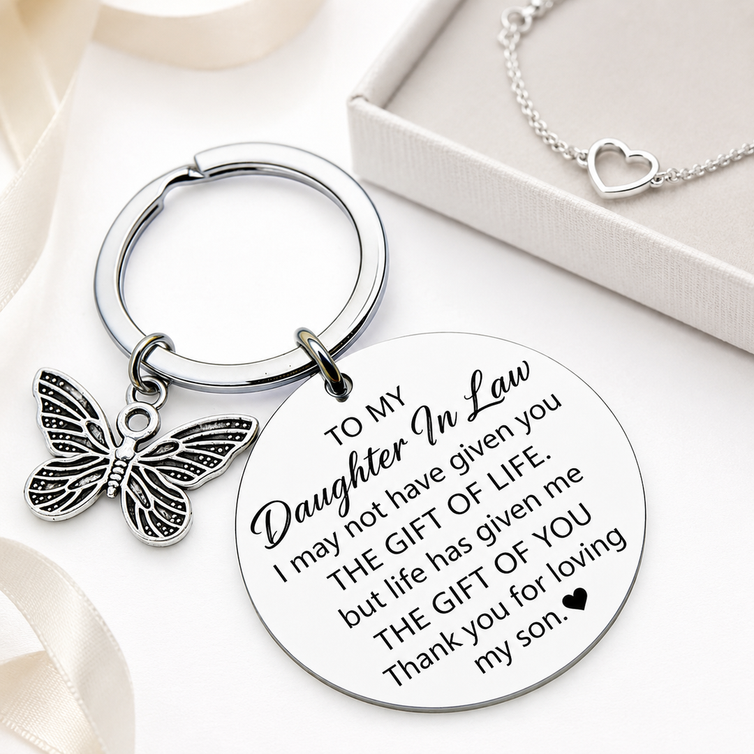 Engraved Round Sentimental Daughter-in-Law Keychain with Butterfly Charm Bowlift
