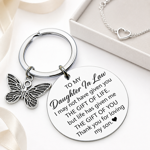Engraved Round Sentimental Daughter-in-Law Keychain with Butterfly Charm Bowlift