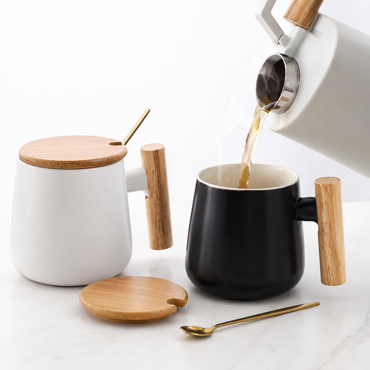 Ceramic Coffee Mug Gift Set with Bamboo Lid Ergonomic Wooden Handle and Gold Spoon Bowlift