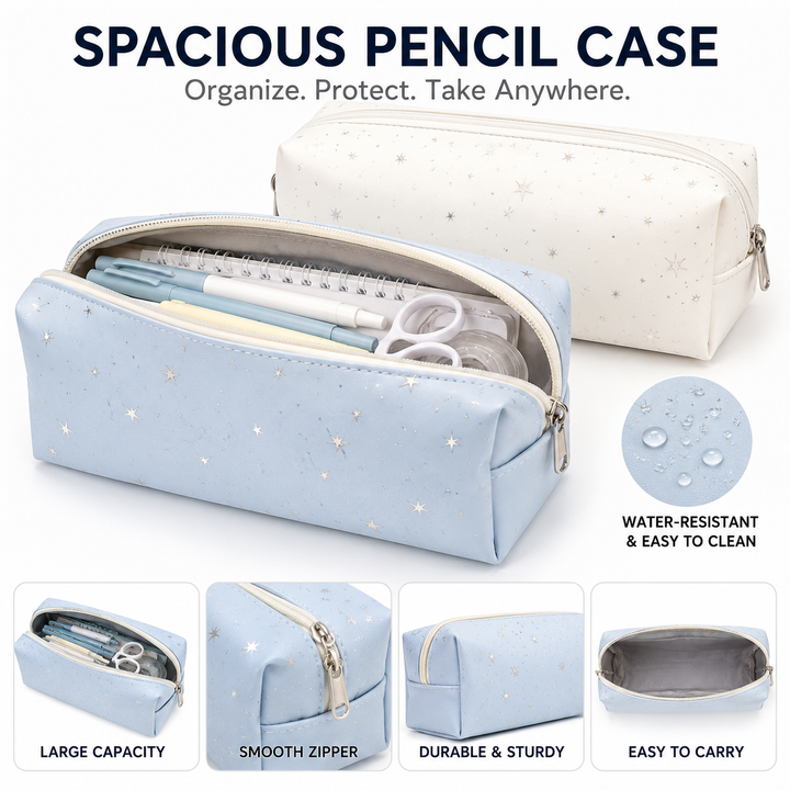 Star-Print Faux Leather Rectangular Pencil Case and Makeup Pouch Bowlift