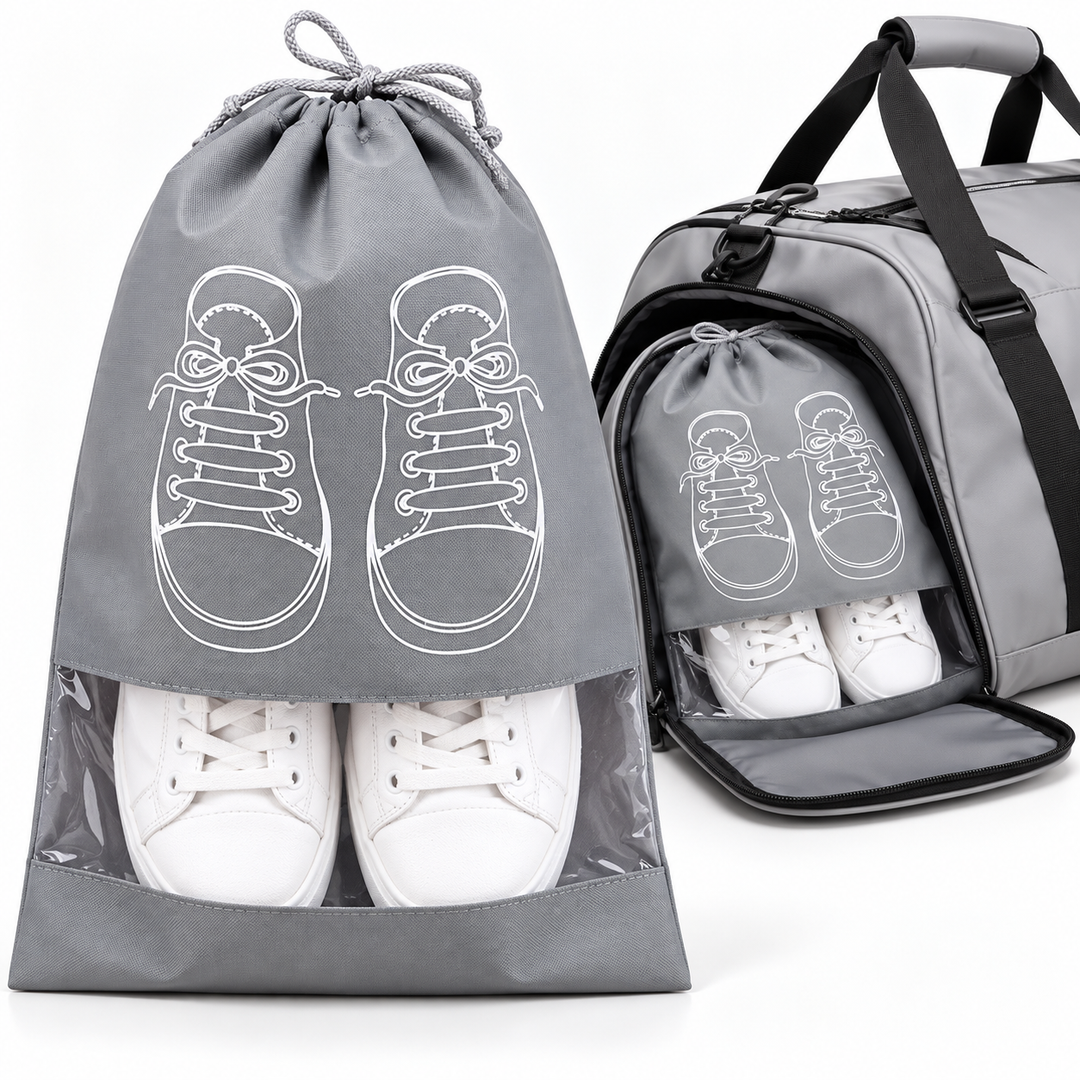 Unisex Travel Shoe Storage Bag with Transparent Window Drawstring Closure and Breathable Non-Woven Mesh Organizer Bowlift