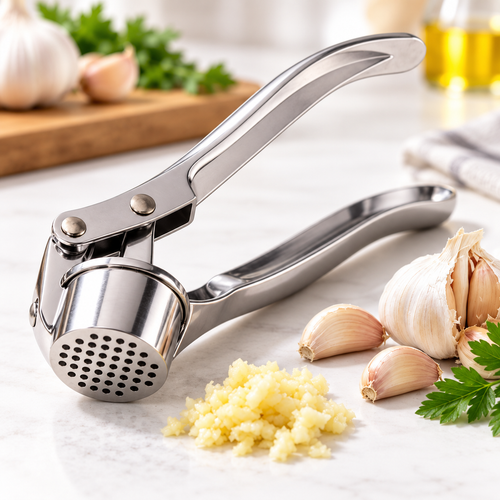 Heavy-Duty Stainless Steel Garlic Press with Ergonomic Leverage Handle Bowlift