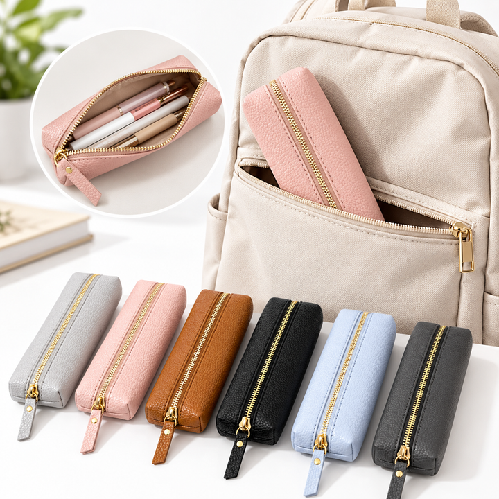 Genuine Pebbled Leather Slim Pen Case with Gold Zipper Bowlift