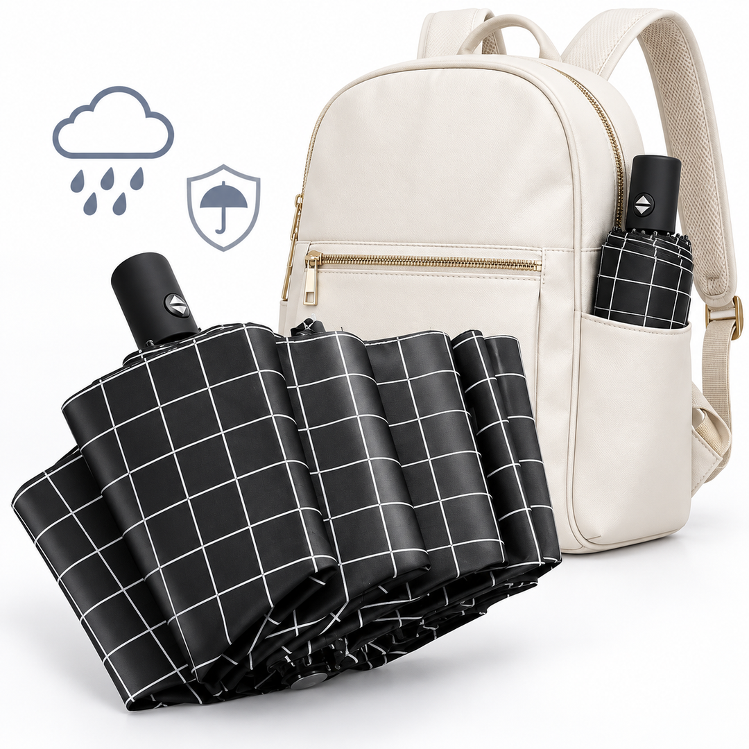 Compact Manual Eight-Rib Windproof Folding Umbrella with UV Protection and Grid Print Bowlift