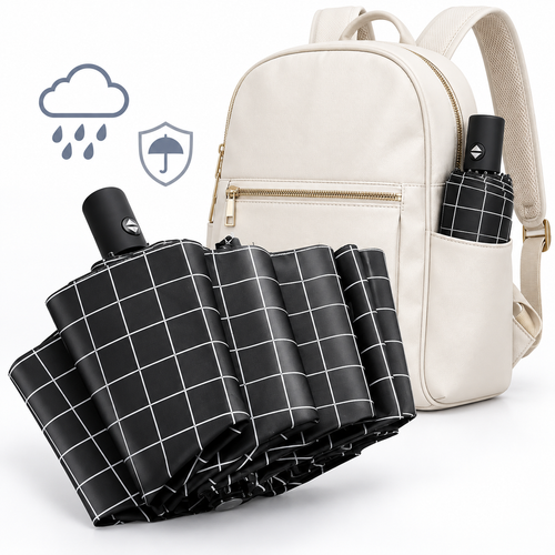Compact Manual Eight-Rib Windproof Folding Umbrella with UV Protection and Grid Print Bowlift
