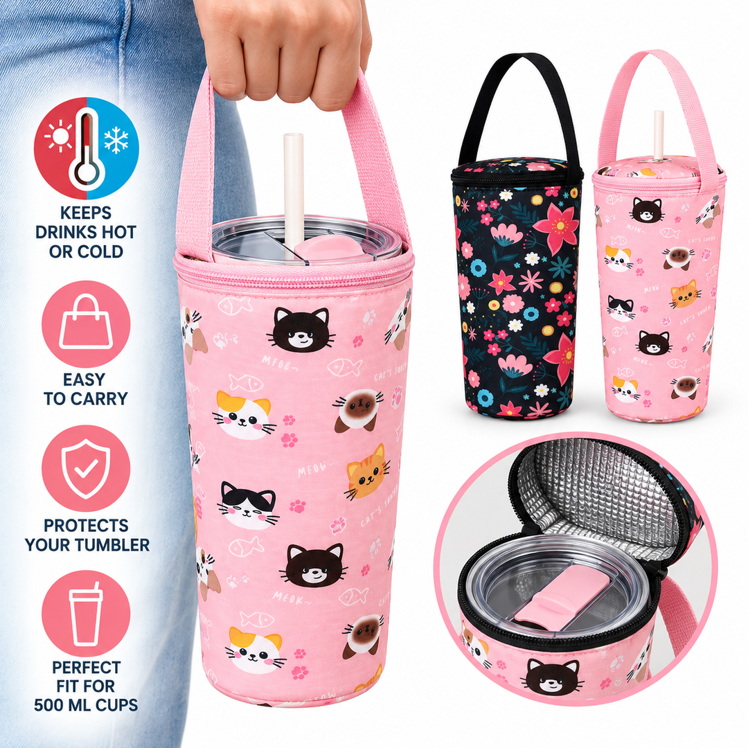 Insulated Thermal Bottle Carrier with Top Handle and Playful Dinosaur Print Bowlift