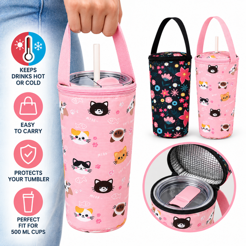 Insulated Thermal Bottle Carrier with Top Handle and Playful Dinosaur Print Bowlift