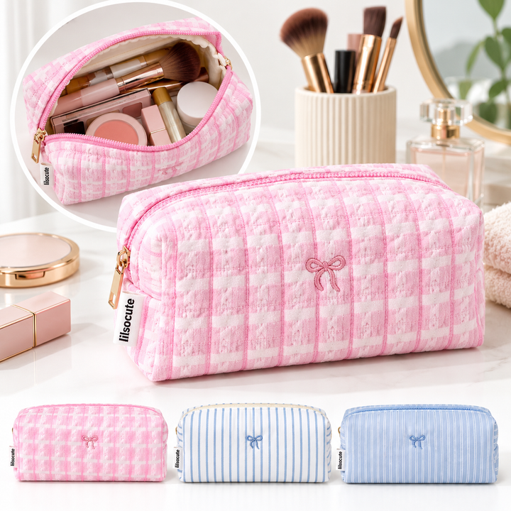 Quilted Rectangular Cosmetic Pouch with Top Zipper Bowlift