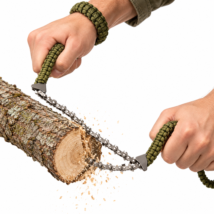Compact Survival Chain Saw with Braided Paracord Handles Bowlift
