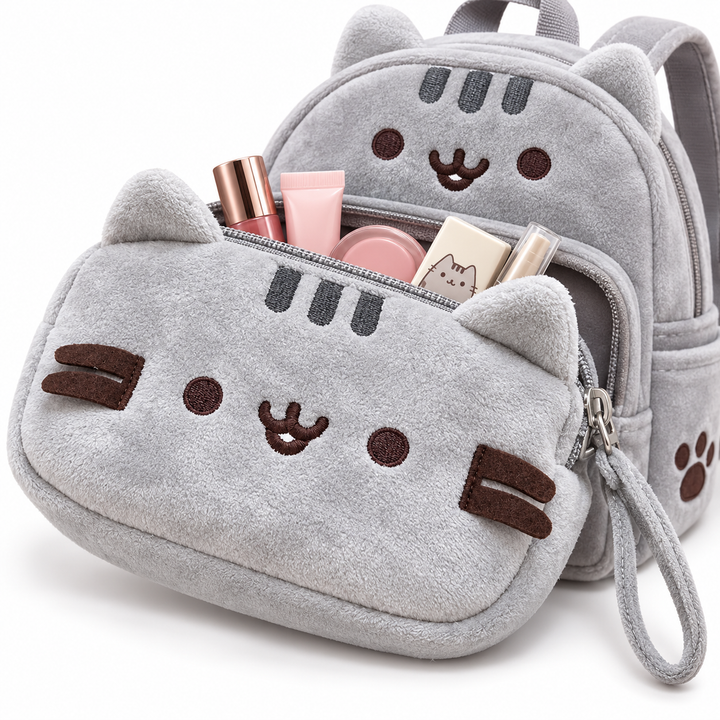 Plush Cat Crossbody Bag with Zippered Coin Pocket and Adjustable Strap Bowlift