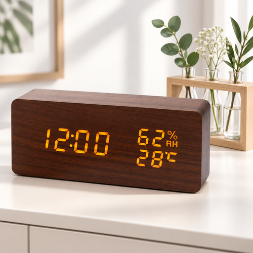 Modern Wooden LED Digital Alarm Clock with Temperature Humidity Display and Touch Controls Bowlift