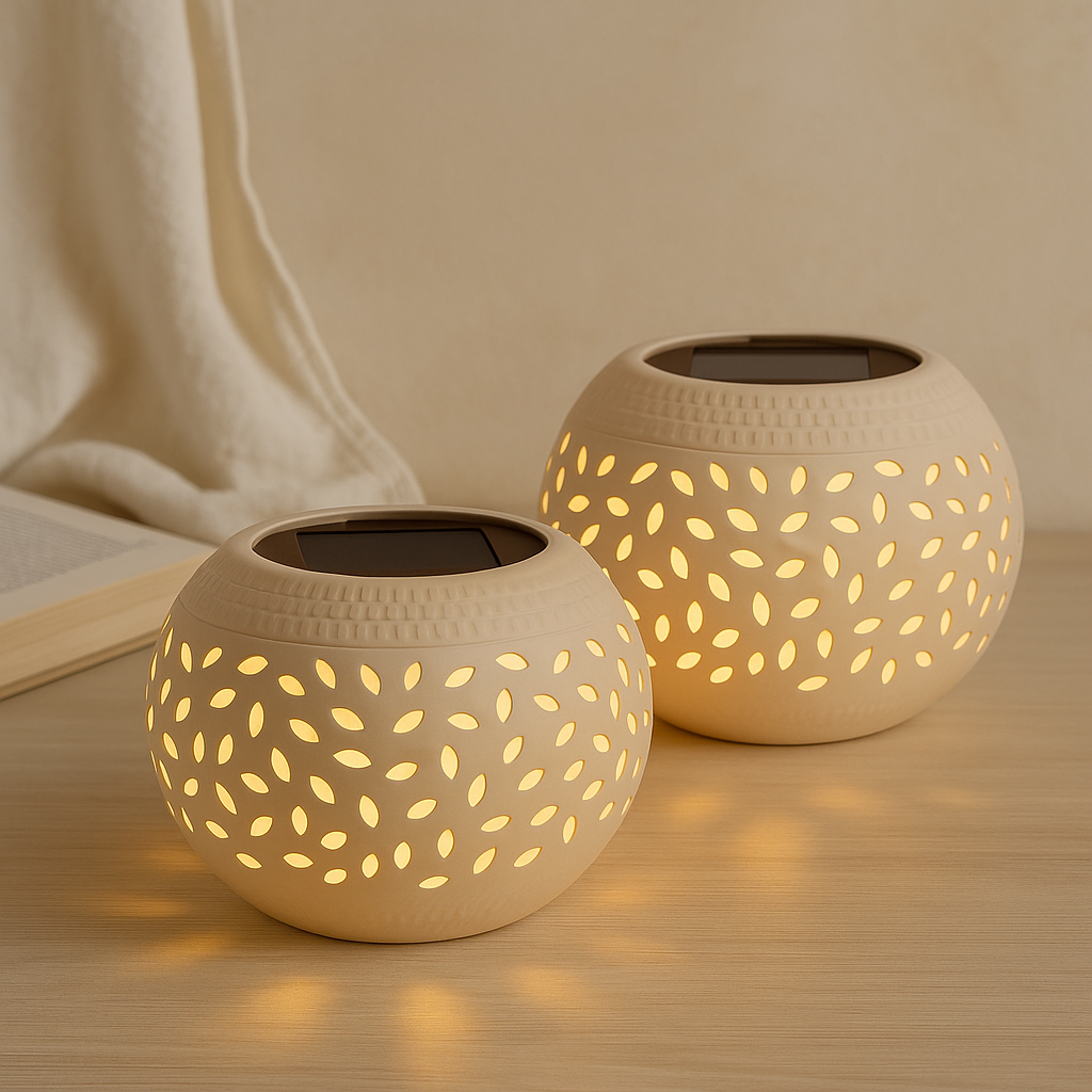 Solar-powered table lamp with punched pattern Bowlift