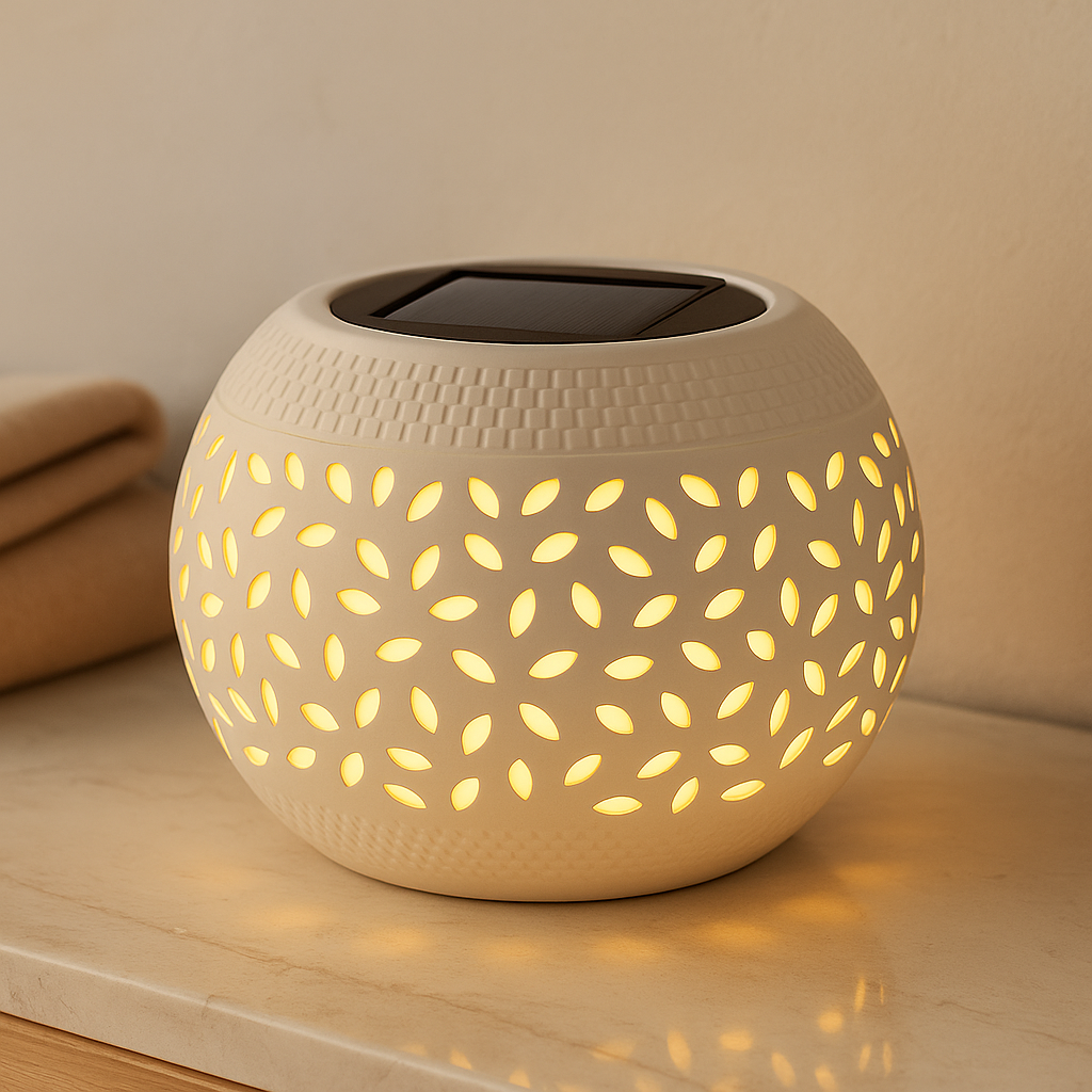 Solar-powered table lamp with punched pattern Bowlift