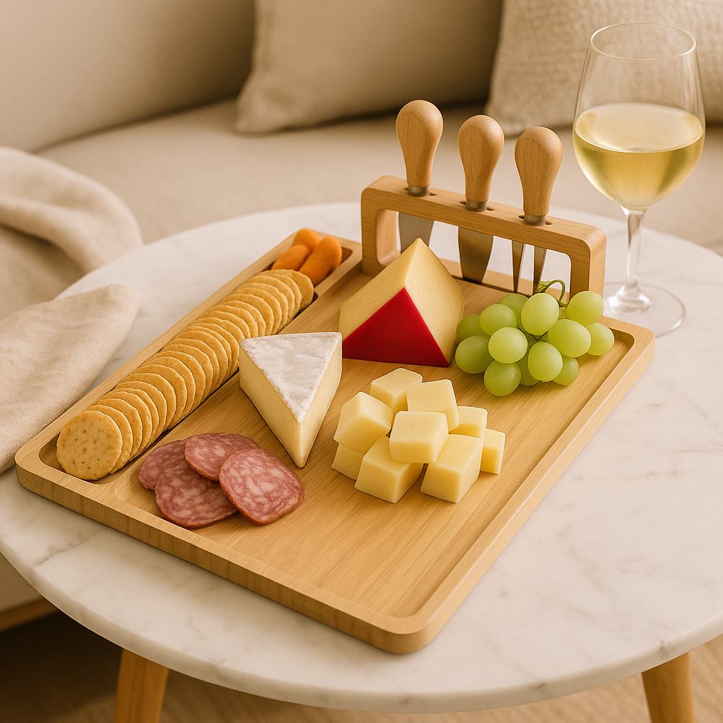 Wood cheese board with knife and fork – Elegant serving board for kitchen or dining room Bowlift