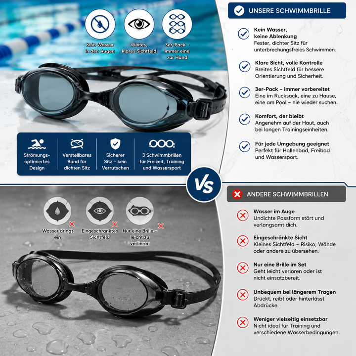 Swimming goggles 3-pack for adults | Bowlift
