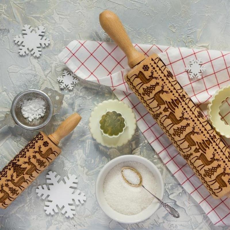BowLift | No.1 Christmas Embossing Rolling Pin Engraved Reindeer Baking Cookies