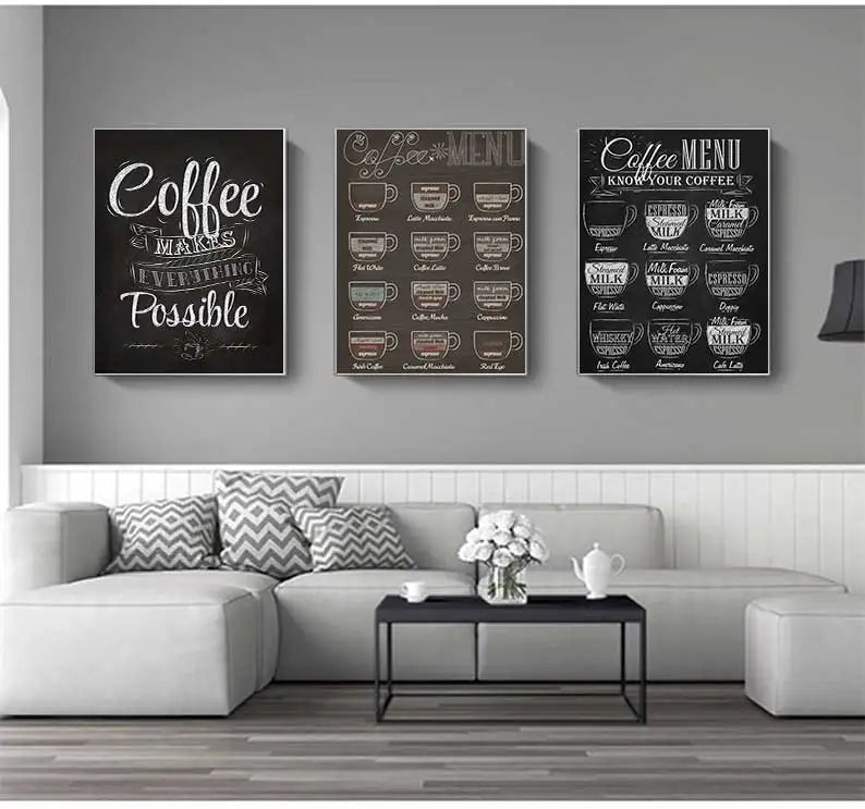 Coffee Connoisseur Wall Art Fine Art Canvas Prints Black White Coffee Menu Poster Pictures For Kitchen Diner Coffee Shop Cafe Art Decor | Bowlift