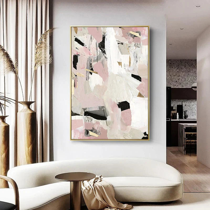 Contemporary Pastel Abstract Canvas Print Wall Art - Bold and Delicate Geometric Art in Pink, White, Black, and Beige - Perfect for Modern Minimalist Interiors | Bowlift