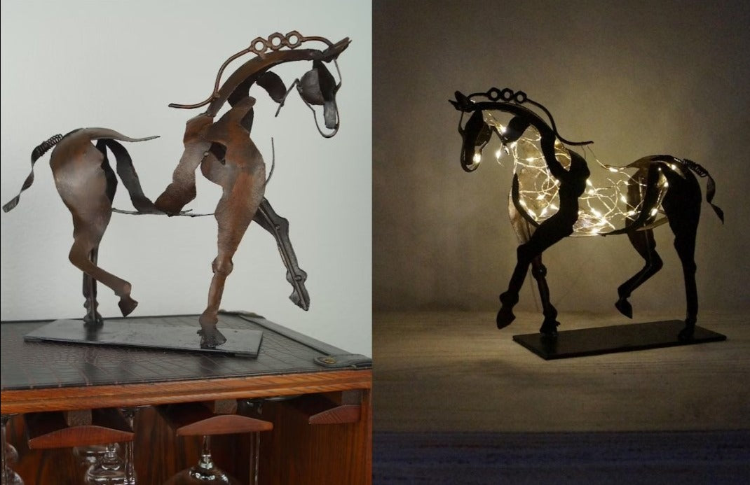RustGlow - Abstract Rust Horse Sculpture with LED Light Bowlift