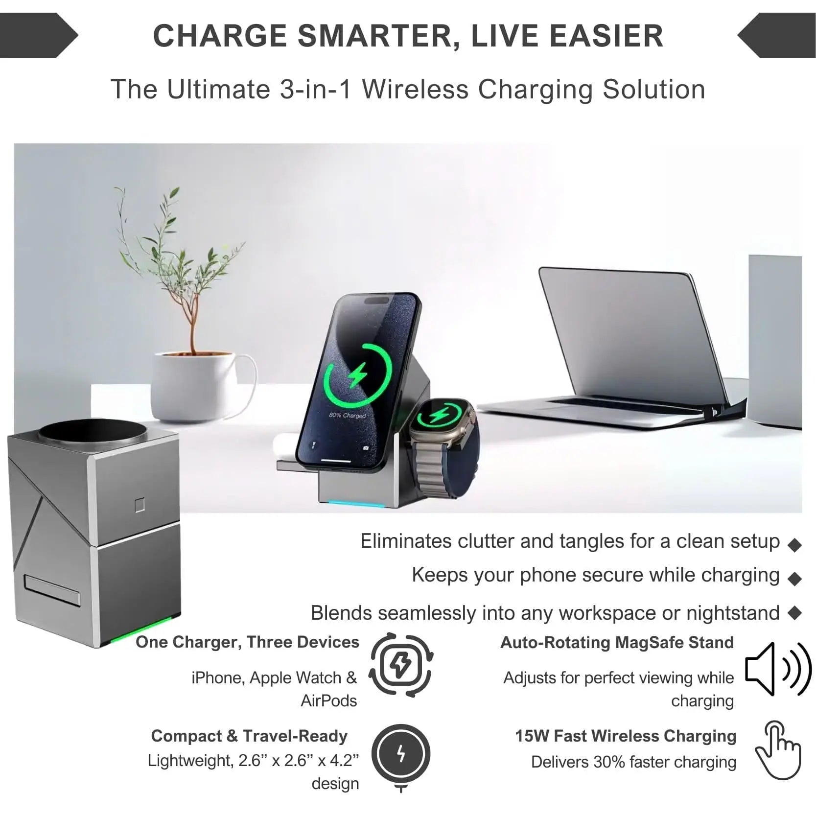 BowLift | CubeCharge 3-in-1 Charging Station – Wireless Fast Charging for iPhone, Watch & AirPods