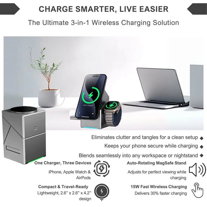 BowLift | CubeCharge 3-in-1 Charging Station – Wireless Fast Charging for iPhone, Watch & AirPods