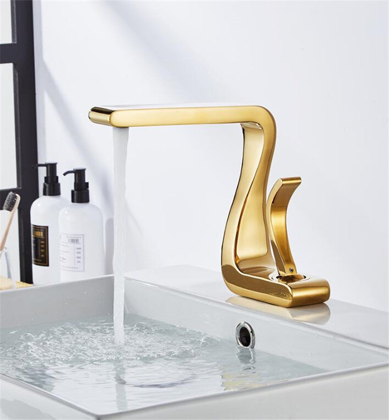 BowLift | Polished Gold Bathroom Sink Faucets Single Handle Luxury Brass White Modern One Hole