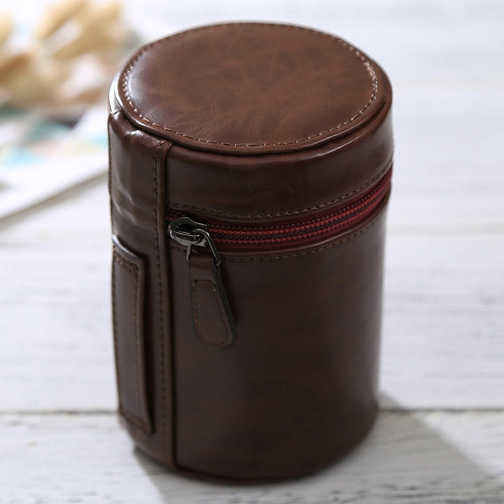 BowLift | Medium lens case with zipper made of PU leather for DSLR camera lens, size: 13x9x9cm (Coffee)