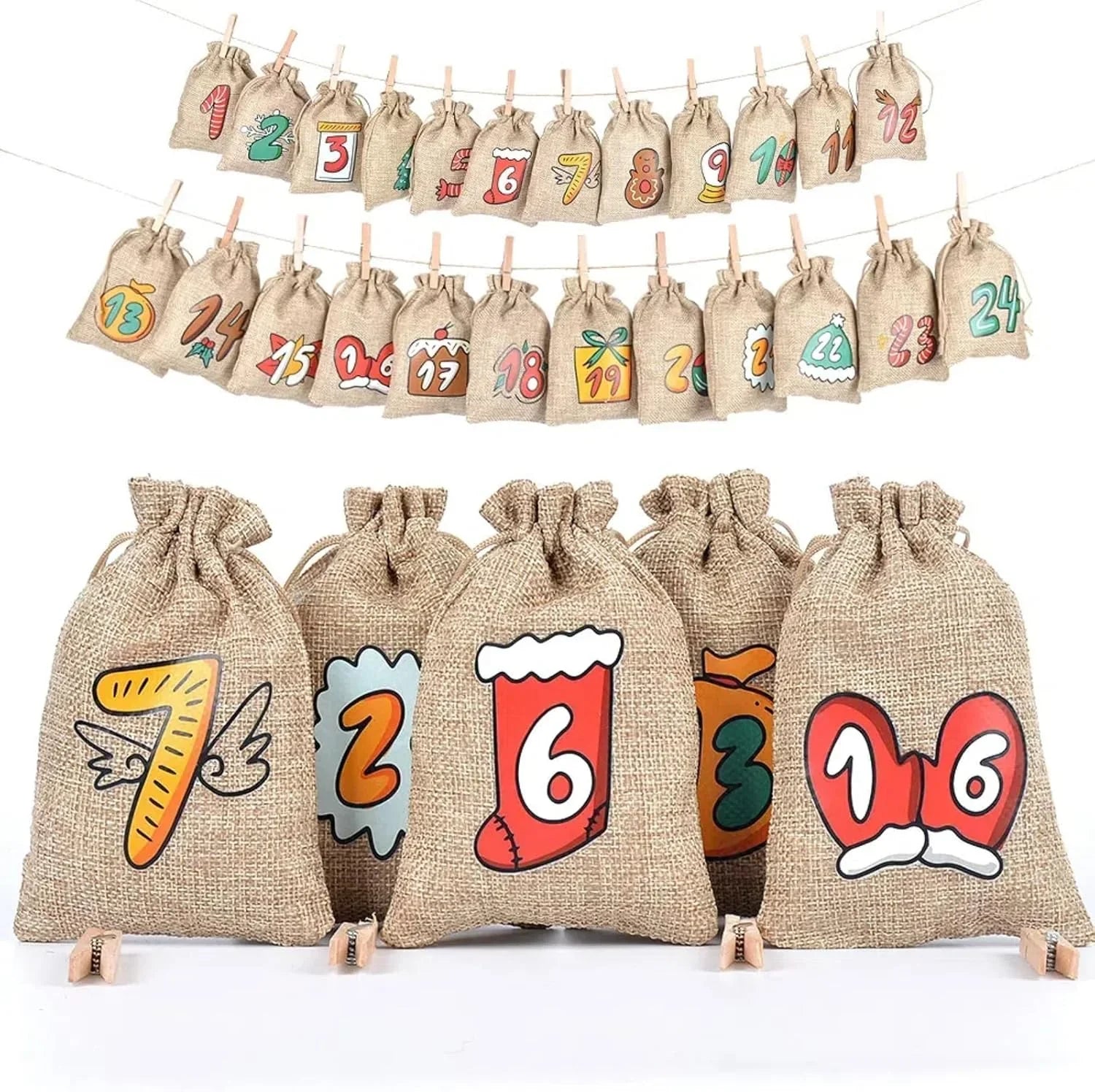 BowLift | DIY Jute Advent Calendar with 24 Empty Pockets for Christmas - Hanging Countdown Calendar