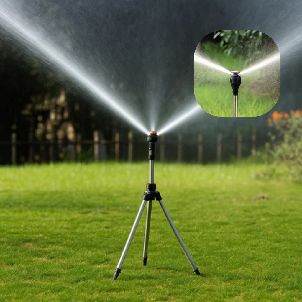 BowLift | High-Pressure Rotating Tripod Sprinkler | 360° Coverage, Adjustable Height & Quick Setup for Garden Care and Summer Fun