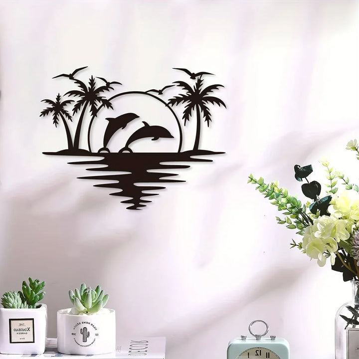 Dolphin Sunset Tropical Palm Trees Iron Art Wall Art 3D Metal Sculptured Wall Decoration For Living Room Dining Room Creative Contemporary Nordic Home Decor | Bowlift