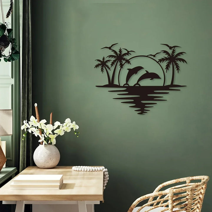Dolphin Sunset Tropical Palm Trees Iron Art Wall Art 3D Metal Sculptured Wall Decoration For Living Room Dining Room Creative Contemporary Nordic Home Decor | Bowlift