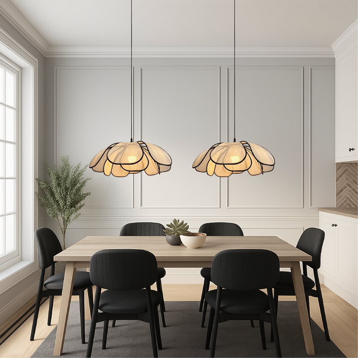 BowLift | Wooden Hanging Lamp with Flower Pattern – Adjustable Height, Living Room Lamp, LED, Perfect Above the Table