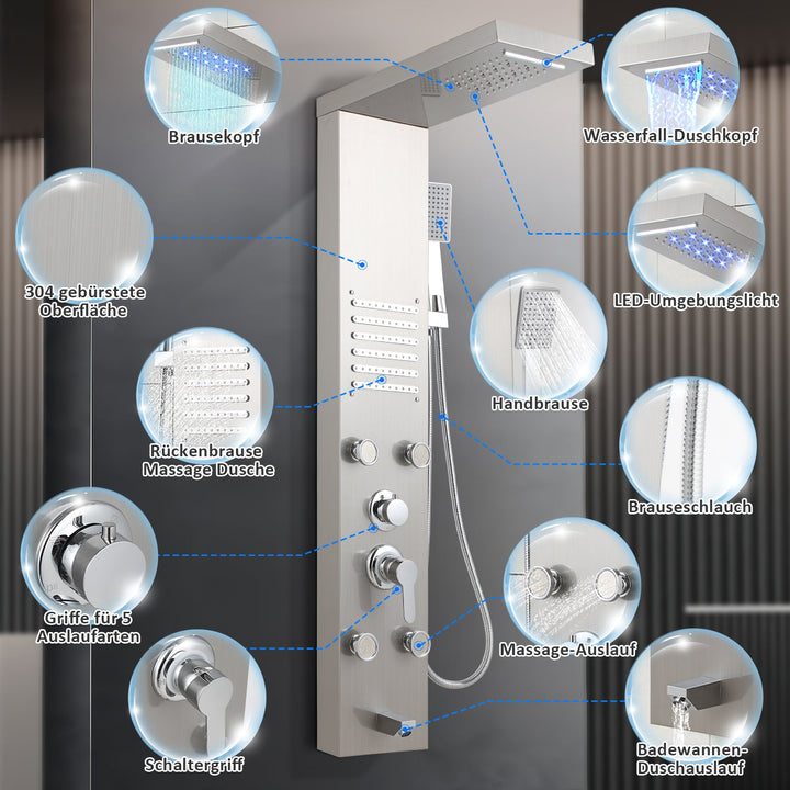 Shower panel stainless steel wall shower panel 5 functions silver | Bowlift
