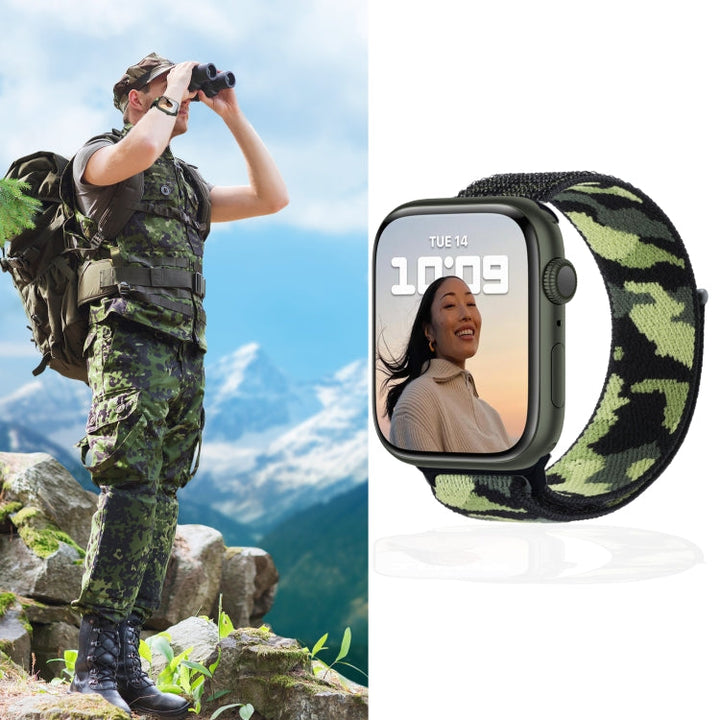 BowLift | Frerndorf | Nylon Loop Watch Band for Apple Watch Ultra 49mm & Watch Ultra 2 49mm / Series 9 & 8 & 7 45mm / SE 3 & SE 2 & 6 & SE & 5 & 4 44mm / 3 & 2 & 1 42mm (Army Green Camouflage)