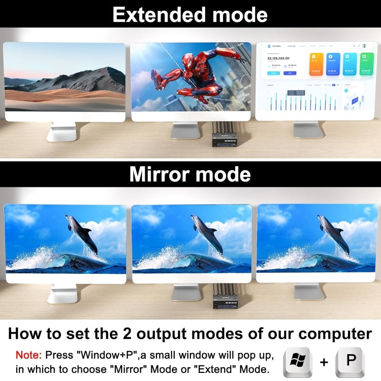 BowLift | KC-KVM203DH Triple Monitor KVM Switch | 8K 30Hz & 4K 144Hz | HDMI 2.1 & DP 1.4 | 4-Port USB 3.0 Hub | Extended & Mirror Mode | EU Plug