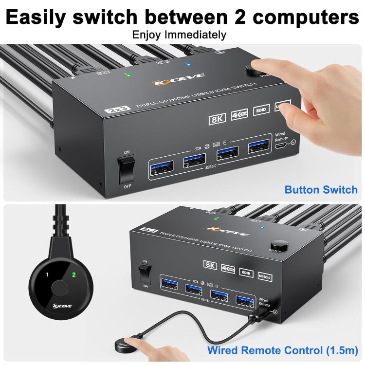 BowLift | KC-KVM203DH Triple Monitor KVM Switch | 8K 30Hz & 4K 144Hz | HDMI 2.1 & DP 1.4 | 4-Port USB 3.0 Hub | Extended & Mirror Mode | EU Plug