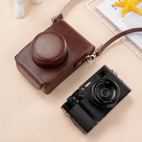 BowLift | For FUJIFILM X100VI Full Body Leather Camera Case Bag with Strap (Coffee)