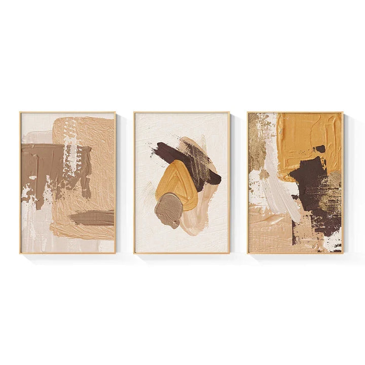 Elegant Earth Tones Abstract Brush Texture Wall Art Fine Art Canvas Prints Triple Harmony of Mustard Yellow, Brown, and Beige – Contemporary Wall Art for Modern Home Decor | Bowlift