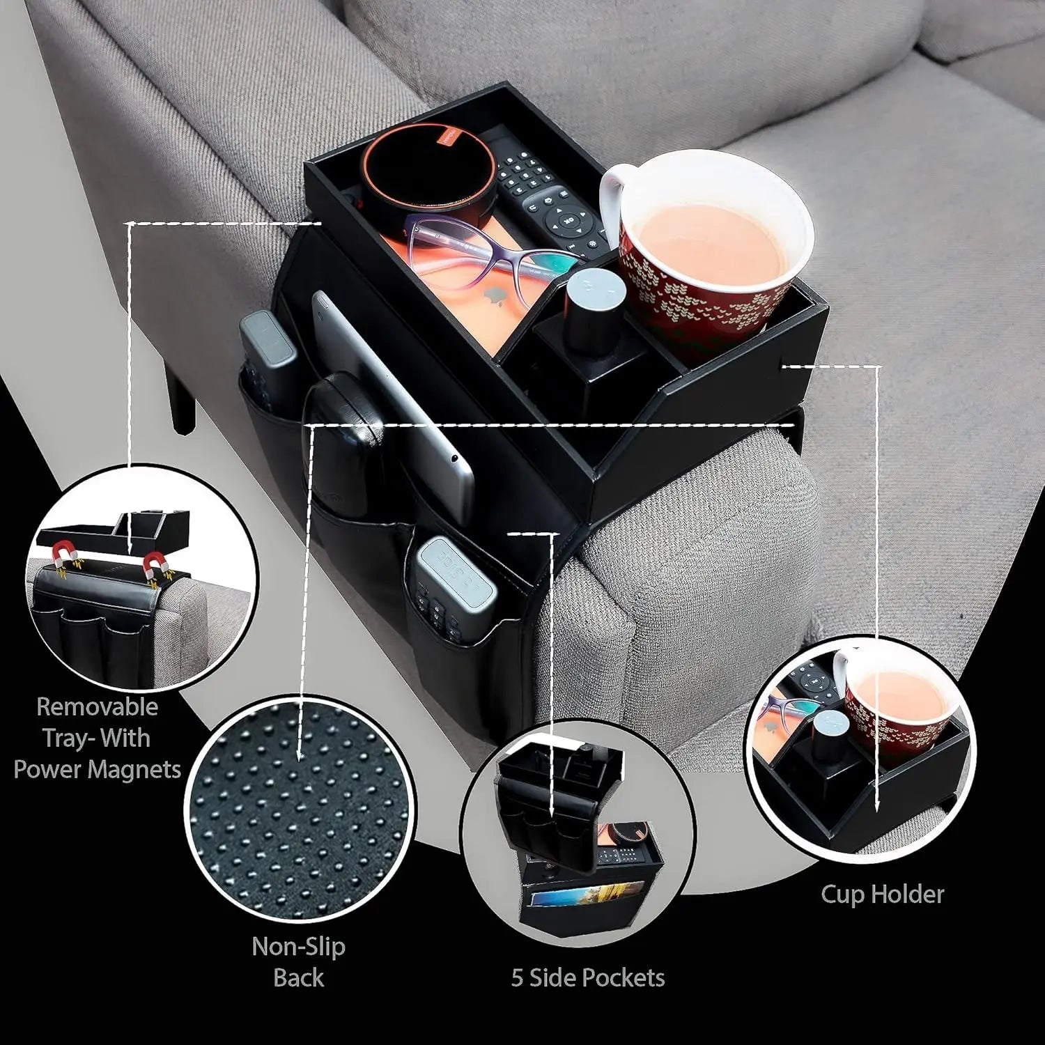 BowLift | Elegant Sofa Armrest Tray with Organizer for Drinks and Accessories