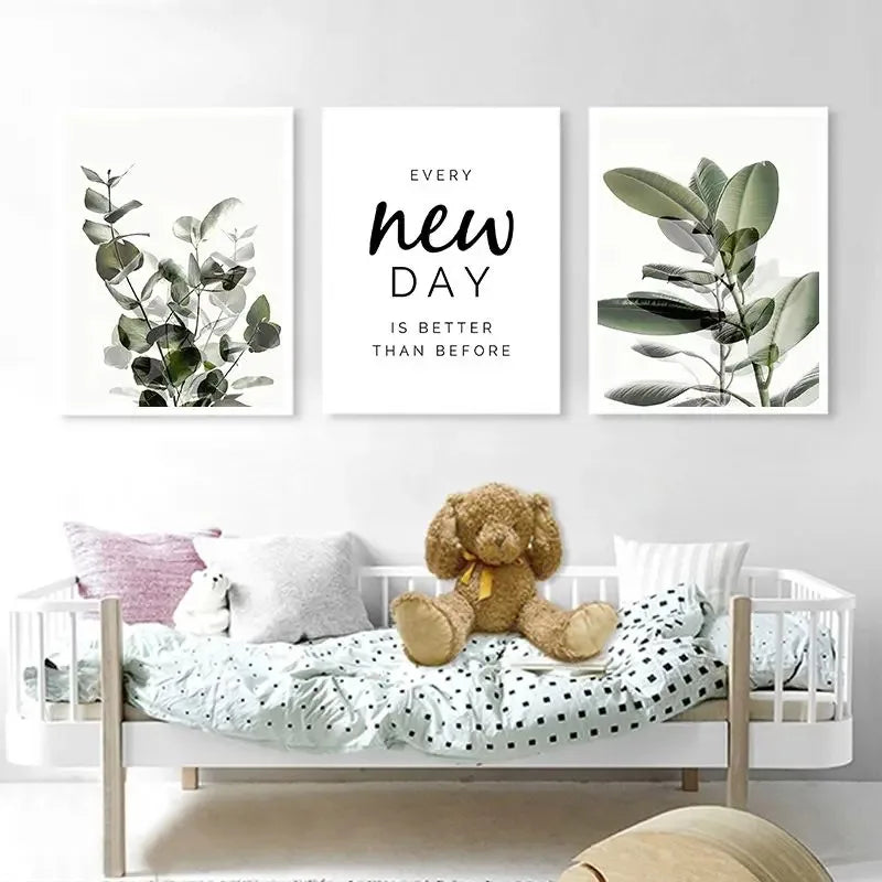 Every New Day Eucalyptus Green Leaves Wall Art Fine Art Canvas Prints Inspirational Quotes Posters Pictures For Living Room Home Office Art Decor | Bowlift