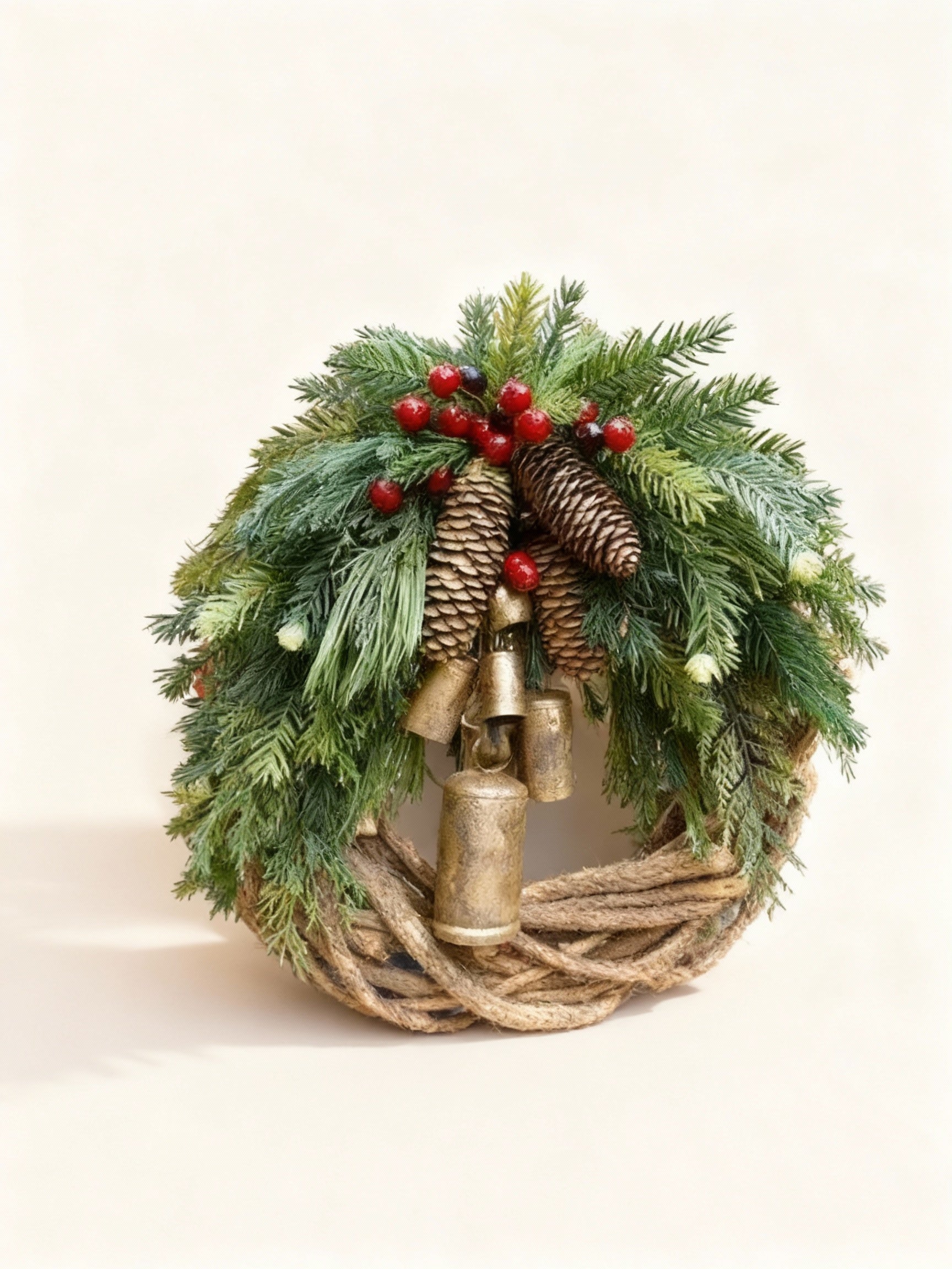 BowLift | Handmade Bohemian Winter Wreath | Bells, Pinecones & Berries | 43 cm | Indoor/Outdoor