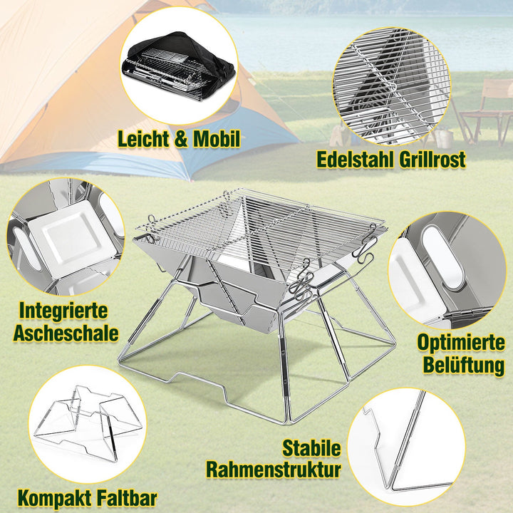 Foldable Camping Grill Stainless Steel with Height Adjustable Grill Rack | Bowlift