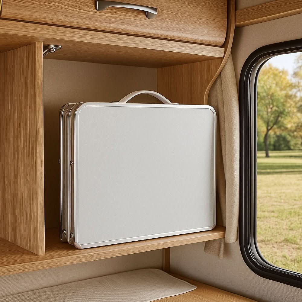 BowLift | Folding outdoor table with aluminium frame & suitcase design